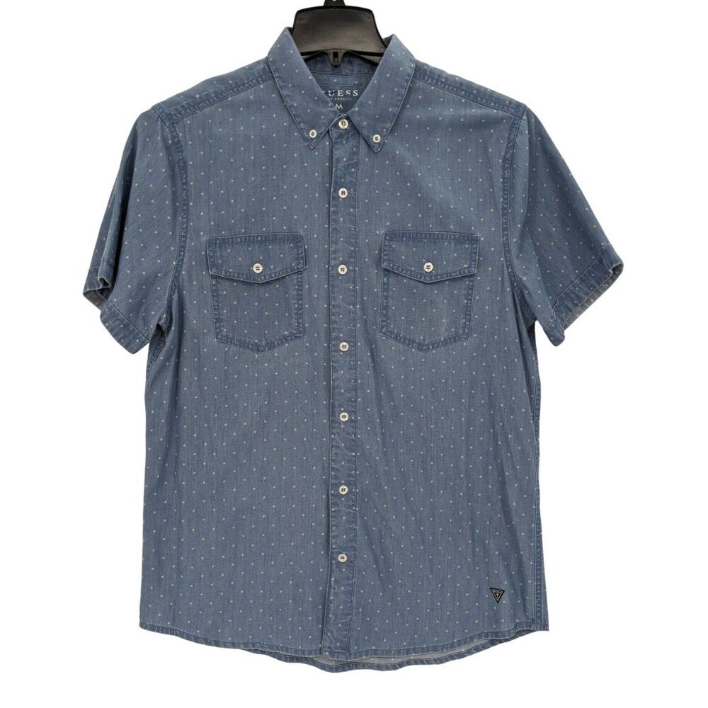 Guess Los Angeles Chambray Polka Dot Shirt Button Up Short Sleeve Coastal Size M